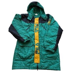 VTG! 90s FILA Parka Jacket Mens L Green Black Spell Out Logo Hooded Puffer Coat